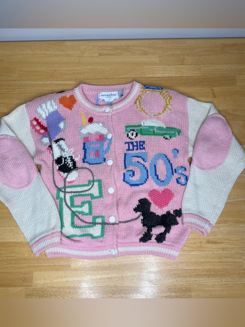 Eagles Eye Sweater Vtg 50s Novelty Print Pink Jukebox Poodle Hand Knit Cardigan